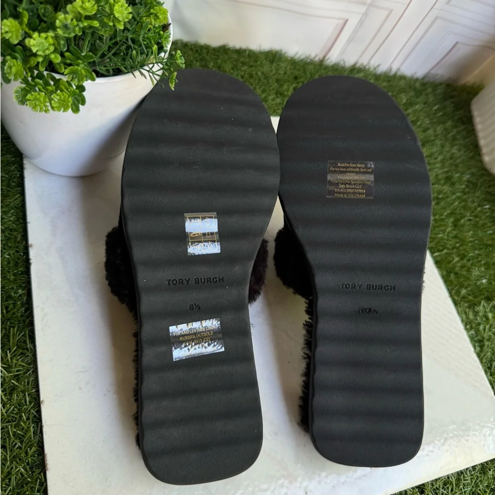 Tory Burch SLIPPER Women's Black Suede & Shearling Slides size 6.5 New